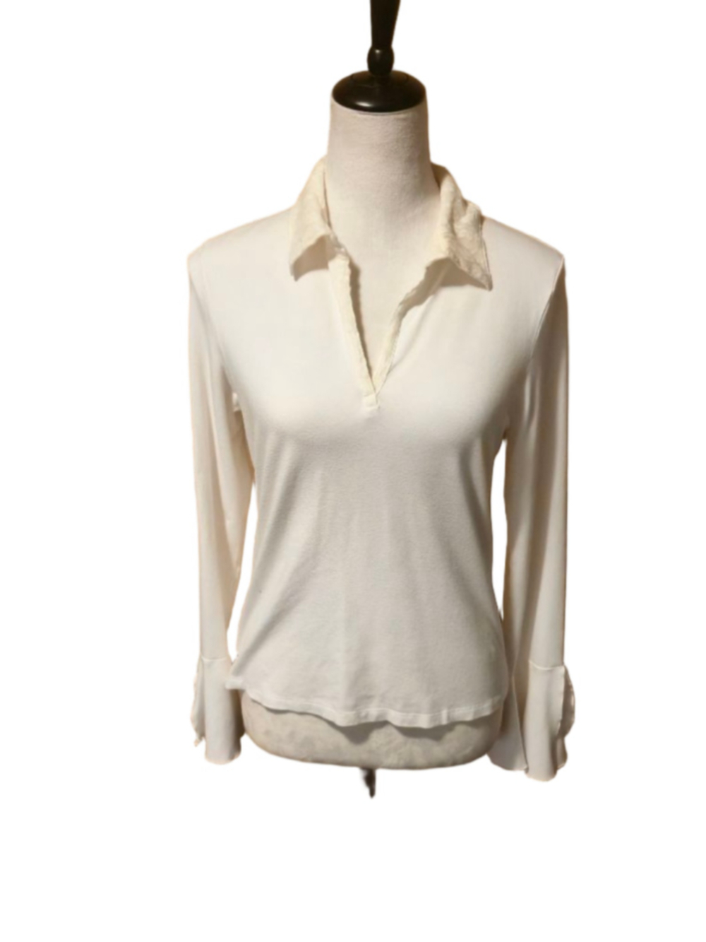 Vintage I.N.C. Open-Collar Bell-Cuff White Knit Blouse. L